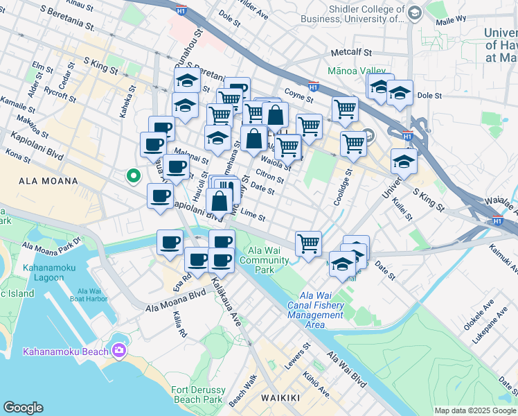 map of restaurants, bars, coffee shops, grocery stores, and more near 2113 Date Street in Honolulu