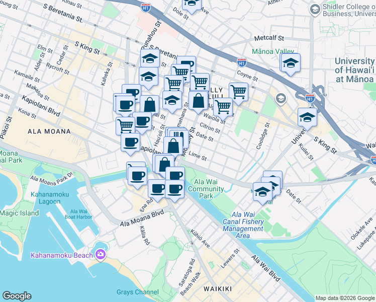 map of restaurants, bars, coffee shops, grocery stores, and more near 749 McCully Street in Honolulu