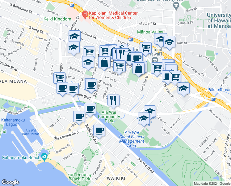 map of restaurants, bars, coffee shops, grocery stores, and more near 763 Paani Street in Honolulu