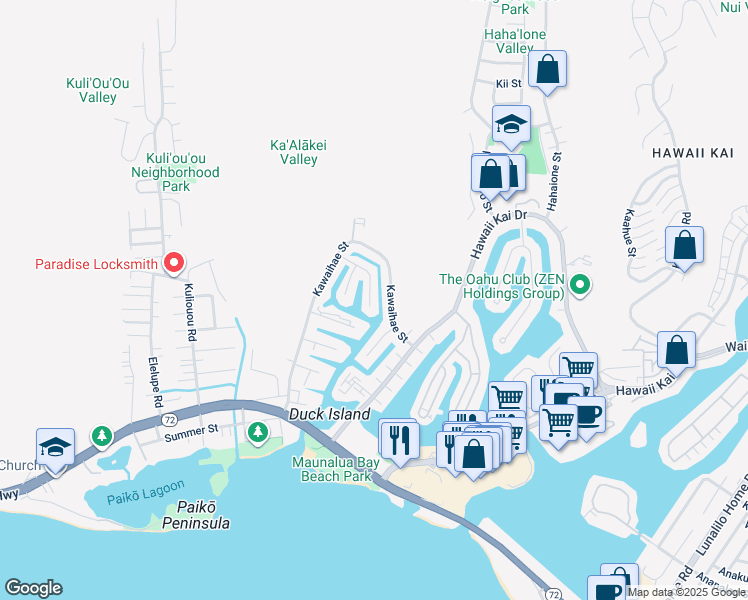 map of restaurants, bars, coffee shops, grocery stores, and more near 352 Awini Place in Honolulu