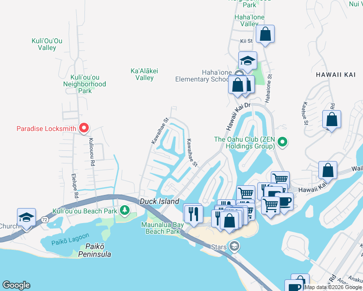 map of restaurants, bars, coffee shops, grocery stores, and more near 352 Awini Place in Honolulu