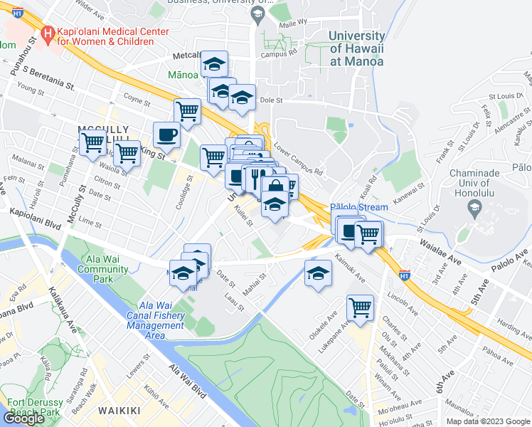 map of restaurants, bars, coffee shops, grocery stores, and more near 2645 South King Street in Honolulu