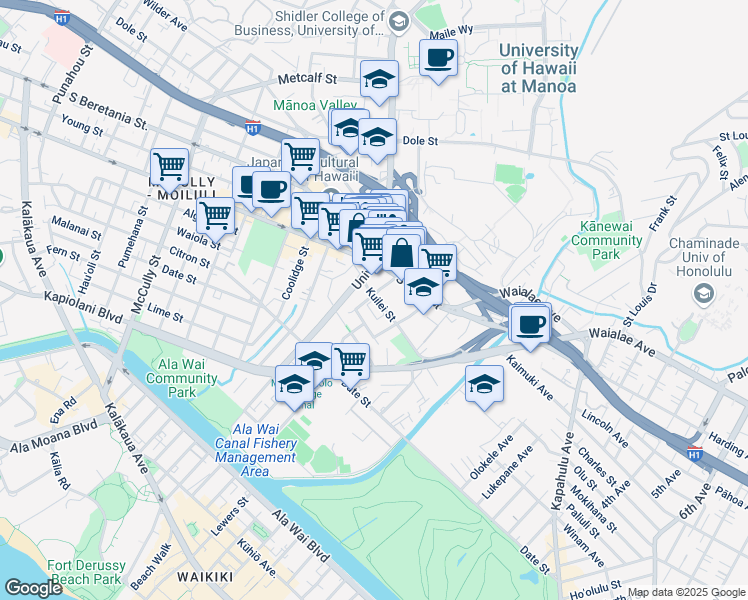 map of restaurants, bars, coffee shops, grocery stores, and more near 931 University Avenue in Honolulu
