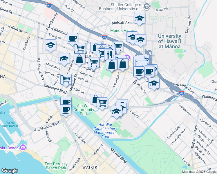 map of restaurants, bars, coffee shops, grocery stores, and more near 796 Isenberg Street in Honolulu