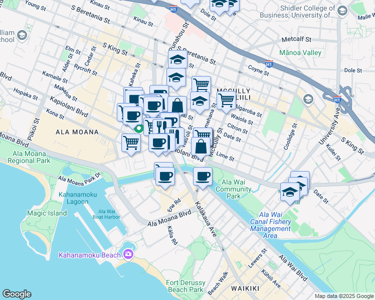 map of restaurants, bars, coffee shops, grocery stores, and more near 1749 Lime Street in Honolulu