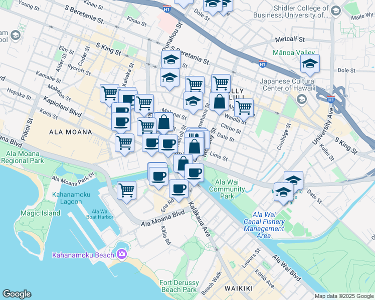 map of restaurants, bars, coffee shops, grocery stores, and more near 712 Pumehana Street in Honolulu