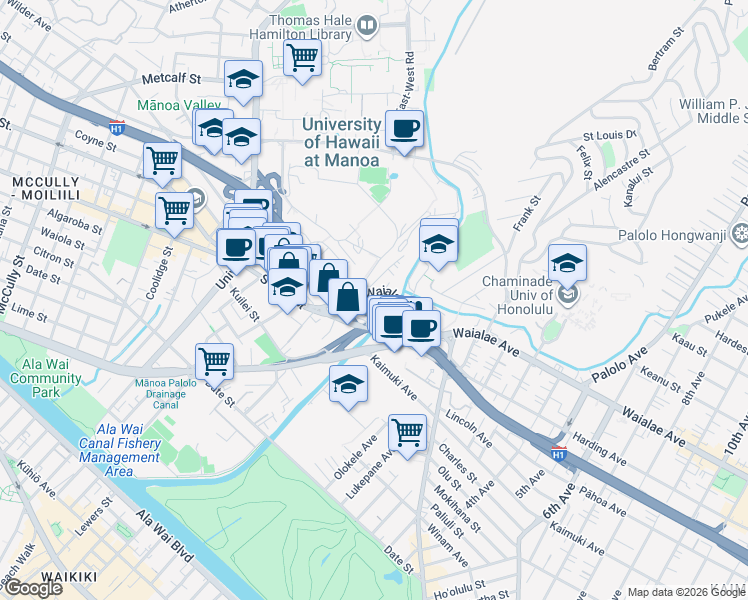 map of restaurants, bars, coffee shops, grocery stores, and more near 2787 Waialae Avenue in Honolulu
