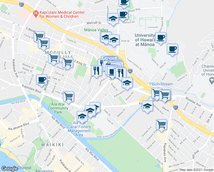 map of restaurants, bars, coffee shops, grocery stores, and more near 931 University Avenue in Honolulu