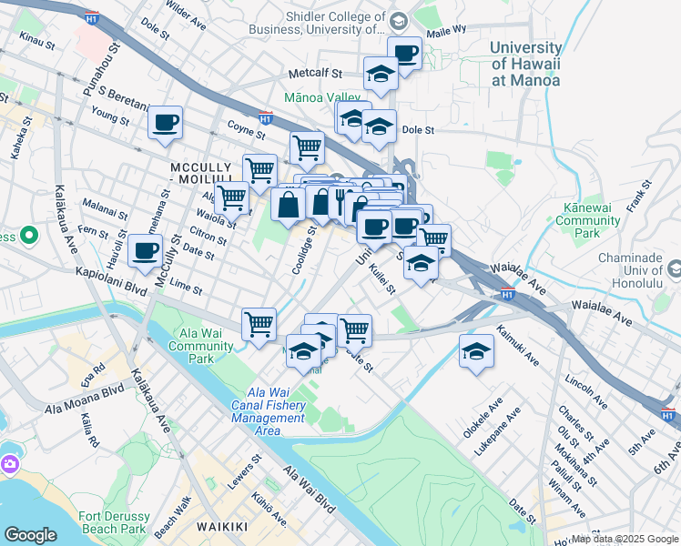 map of restaurants, bars, coffee shops, grocery stores, and more near 835 Kapaakea Lane in Honolulu