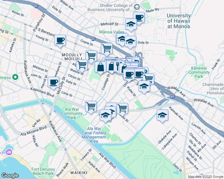 map of restaurants, bars, coffee shops, grocery stores, and more near 835 Kapaakea Lane in Honolulu
