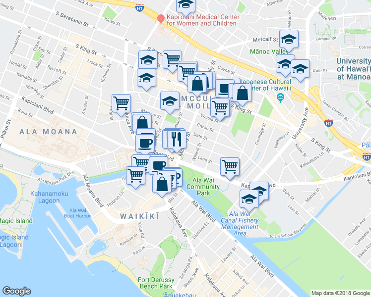 map of restaurants, bars, coffee shops, grocery stores, and more near 761 McCully Street in Honolulu