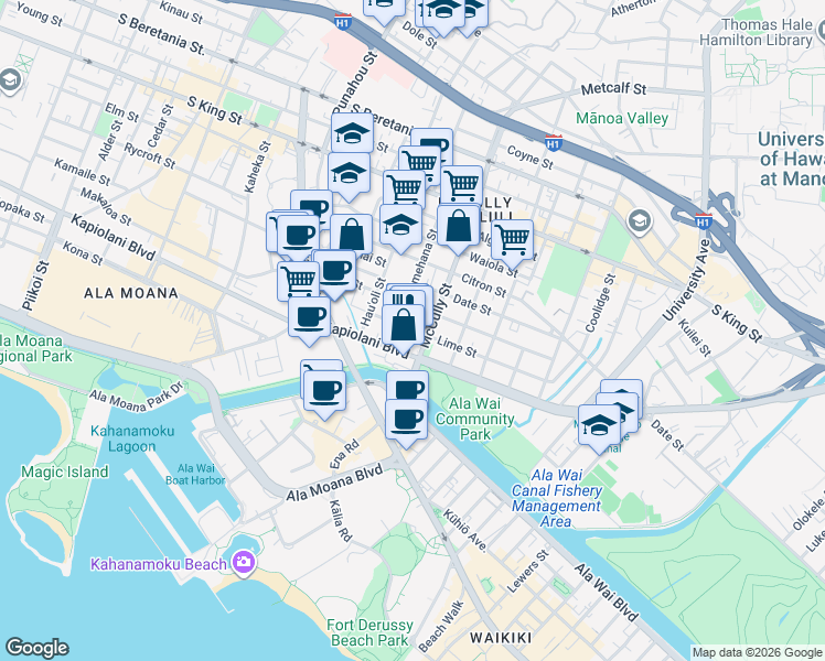 map of restaurants, bars, coffee shops, grocery stores, and more near 731 Pumehana Street in Honolulu