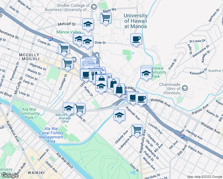 map of restaurants, bars, coffee shops, grocery stores, and more near 2700 Waialae Avenue in Honolulu