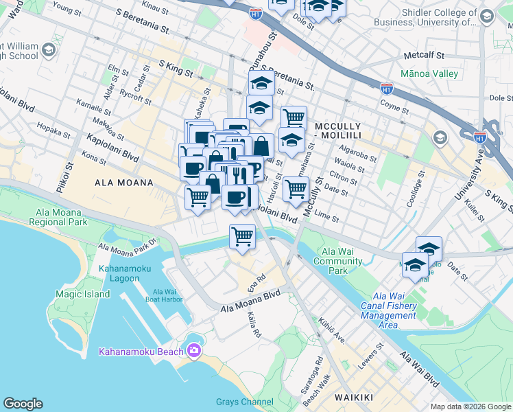 map of restaurants, bars, coffee shops, grocery stores, and more near 1814 Kapiolani Boulevard in Honolulu