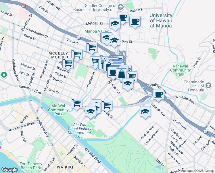 map of restaurants, bars, coffee shops, grocery stores, and more near 845 University Avenue in Honolulu
