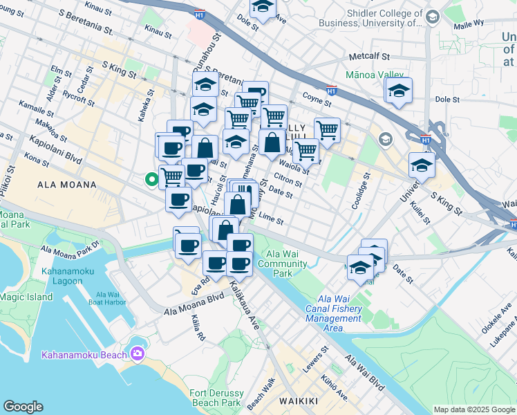 map of restaurants, bars, coffee shops, grocery stores, and more near 735 McCully Street in Honolulu