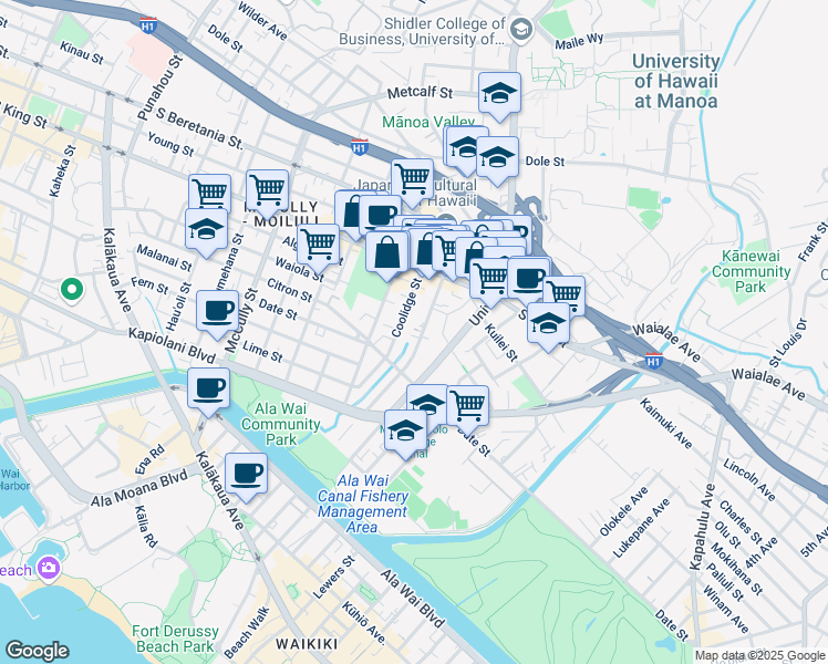 map of restaurants, bars, coffee shops, grocery stores, and more near 808 Coolidge Street in Honolulu