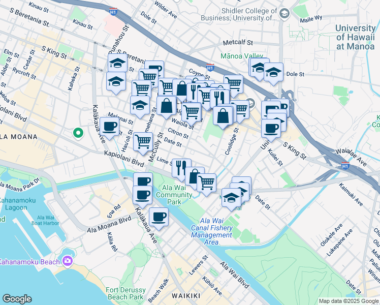 map of restaurants, bars, coffee shops, grocery stores, and more near 2214 Date Street in Honolulu