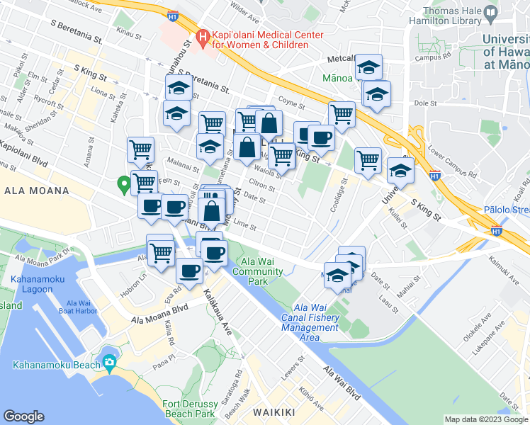 map of restaurants, bars, coffee shops, grocery stores, and more near 2113 Date Street in Honolulu
