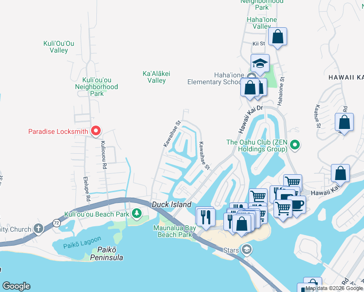 map of restaurants, bars, coffee shops, grocery stores, and more near 352 Awini Place in Honolulu