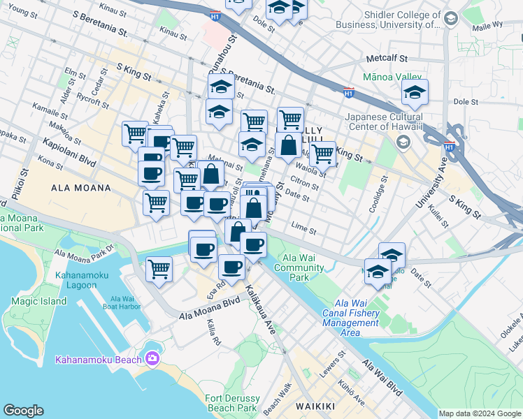 map of restaurants, bars, coffee shops, grocery stores, and more near 1918A Lime Street in Honolulu