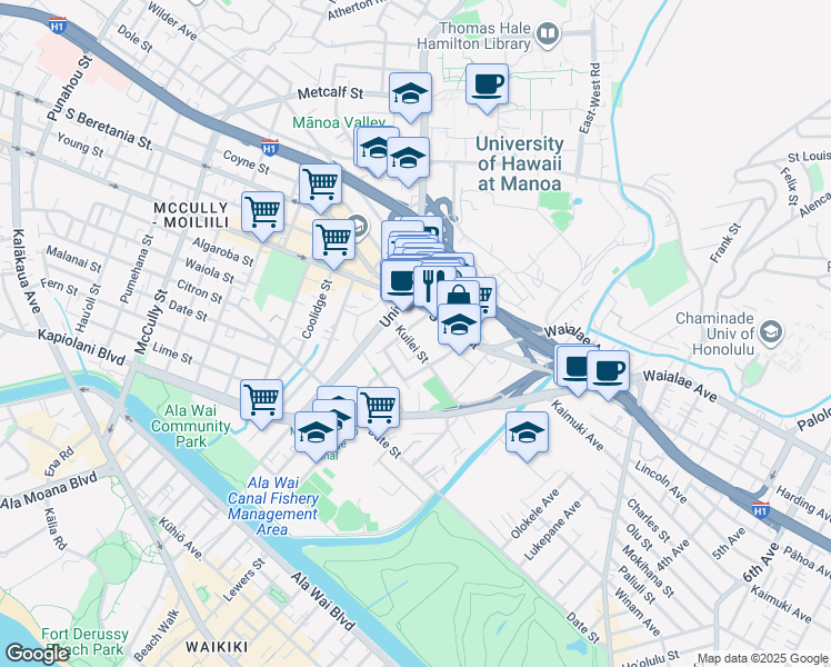 map of restaurants, bars, coffee shops, grocery stores, and more near 2645 South King Street in Honolulu
