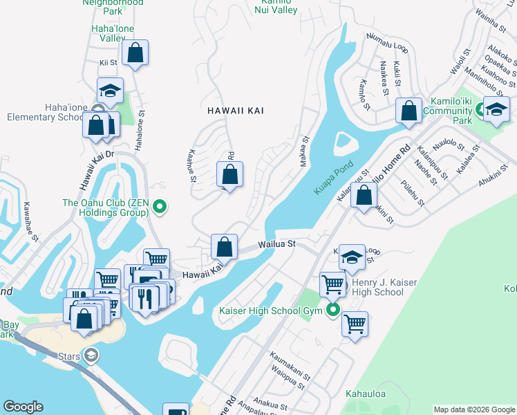 map of restaurants, bars, coffee shops, grocery stores, and more near 7092 Hawaii Kai Drive in Honolulu