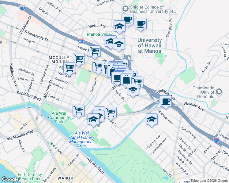 map of restaurants, bars, coffee shops, grocery stores, and more near 931 University Avenue in Honolulu