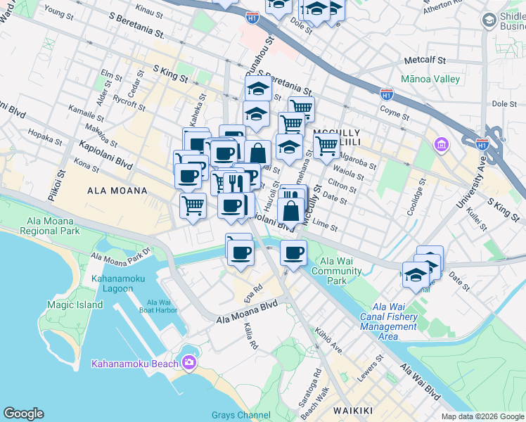 map of restaurants, bars, coffee shops, grocery stores, and more near 704 Hauoli Street in Honolulu