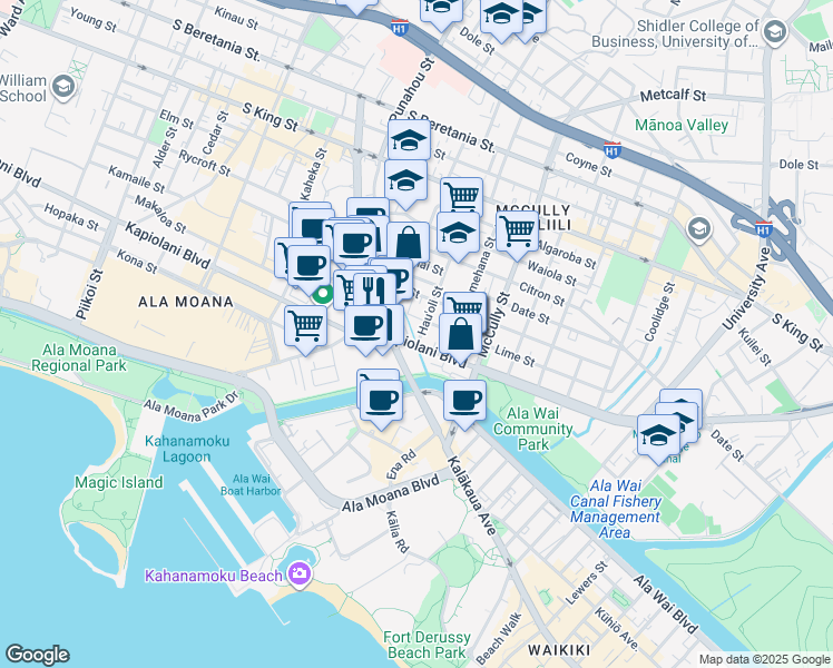 map of restaurants, bars, coffee shops, grocery stores, and more near 704 Hauʻoli Street in Honolulu