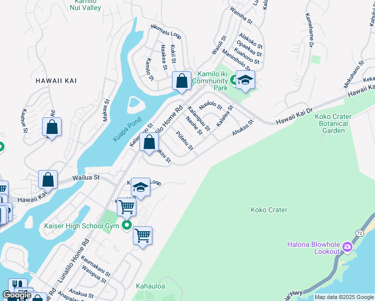 map of restaurants, bars, coffee shops, grocery stores, and more near 7267 Pūlehu Street in Honolulu