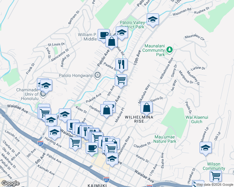 map of restaurants, bars, coffee shops, grocery stores, and more near 1634 10th Avenue in Honolulu