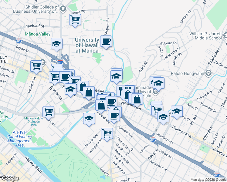 map of restaurants, bars, coffee shops, grocery stores, and more near in Honolulu