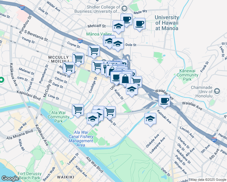 map of restaurants, bars, coffee shops, grocery stores, and more near 931 University Avenue in Honolulu