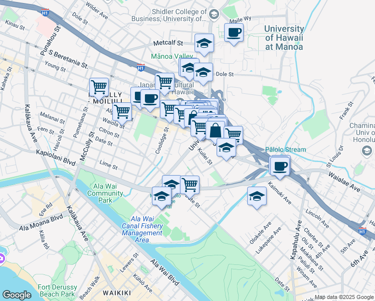 map of restaurants, bars, coffee shops, grocery stores, and more near 931 University Avenue in Honolulu