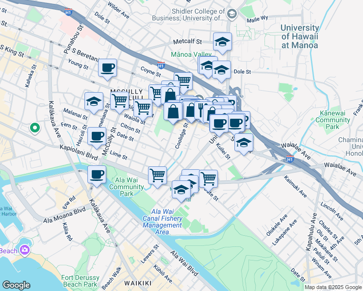 map of restaurants, bars, coffee shops, grocery stores, and more near 808 Coolidge Street in Honolulu