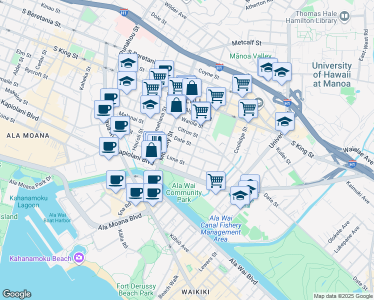 map of restaurants, bars, coffee shops, grocery stores, and more near 2113 Date Street in Honolulu