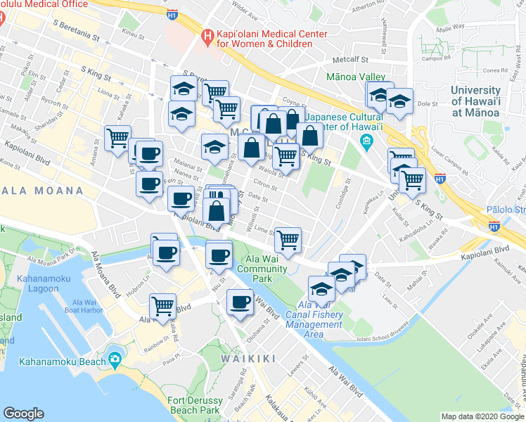 map of restaurants, bars, coffee shops, grocery stores, and more near 2113 Date Street in Honolulu