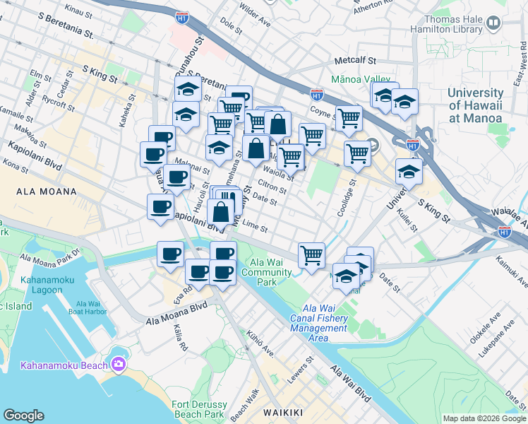 map of restaurants, bars, coffee shops, grocery stores, and more near 2113 Date Street in Honolulu
