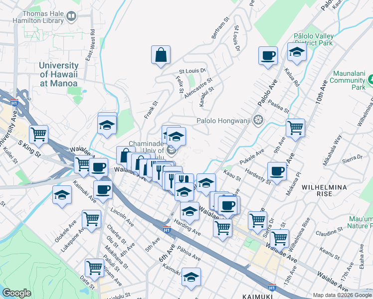 map of restaurants, bars, coffee shops, grocery stores, and more near 3140 Waialae Avenue in Honolulu