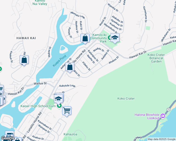 map of restaurants, bars, coffee shops, grocery stores, and more near 7267 Pūlehu Street in Honolulu