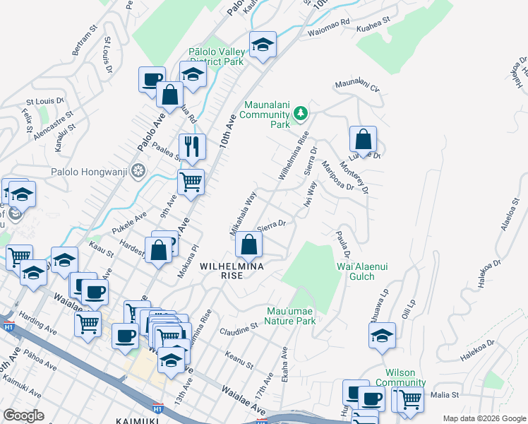 map of restaurants, bars, coffee shops, grocery stores, and more near 1751 Wilhelmina Rise in Honolulu