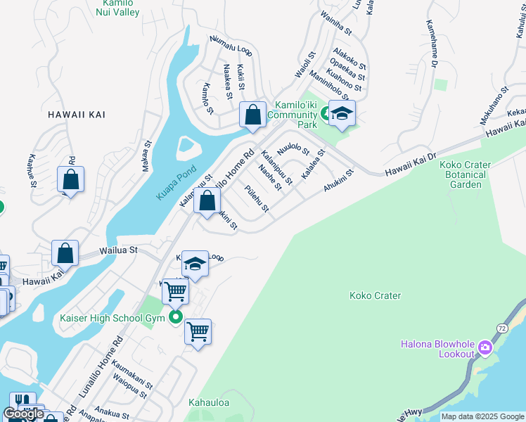 map of restaurants, bars, coffee shops, grocery stores, and more near 7267 Pūlehu Street in Honolulu