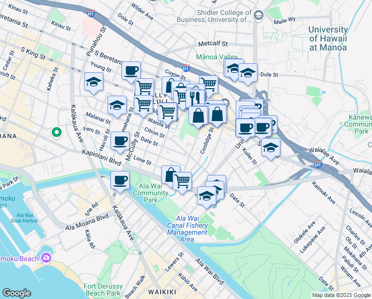 map of restaurants, bars, coffee shops, grocery stores, and more near 796 Isenberg Street in Honolulu