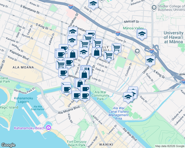map of restaurants, bars, coffee shops, grocery stores, and more near 2007 Fern Street in Honolulu