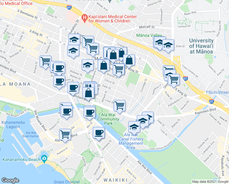 map of restaurants, bars, coffee shops, grocery stores, and more near 2113 Date Street in Honolulu