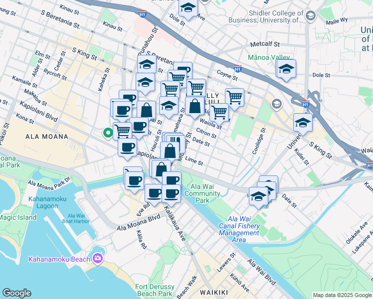 map of restaurants, bars, coffee shops, grocery stores, and more near 761 McCully Street in Honolulu