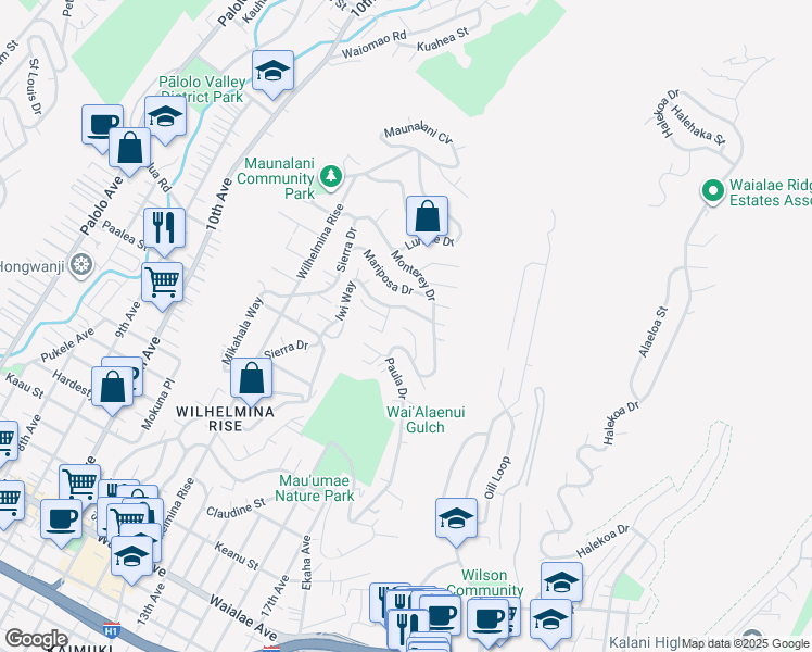 map of restaurants, bars, coffee shops, grocery stores, and more near 3901 Pili Place in Honolulu