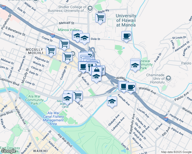 map of restaurants, bars, coffee shops, grocery stores, and more near 2722 South King Street in Honolulu