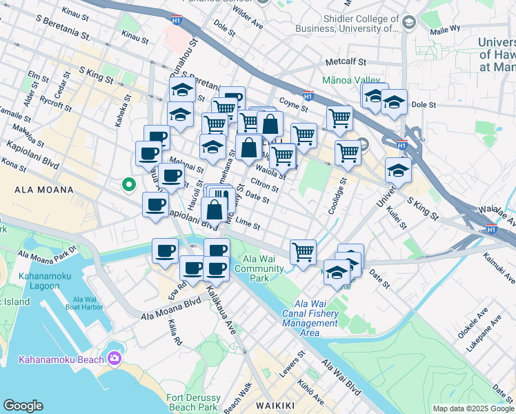 map of restaurants, bars, coffee shops, grocery stores, and more near 2113 Date Street in Honolulu